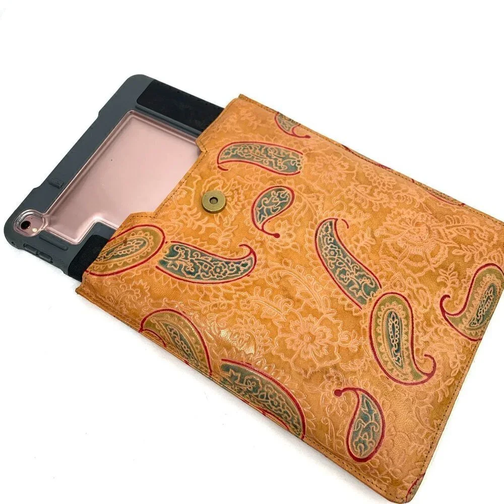 Tooled Faux Leather Paisley Tablet Case - Tan/Green/Red, 10.5
